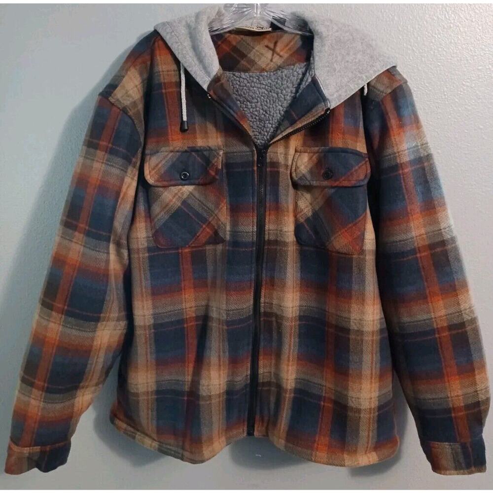 American Outback Mens Size Medium Sherpa Lined Fleece Plaid Flannel Jacket Hood